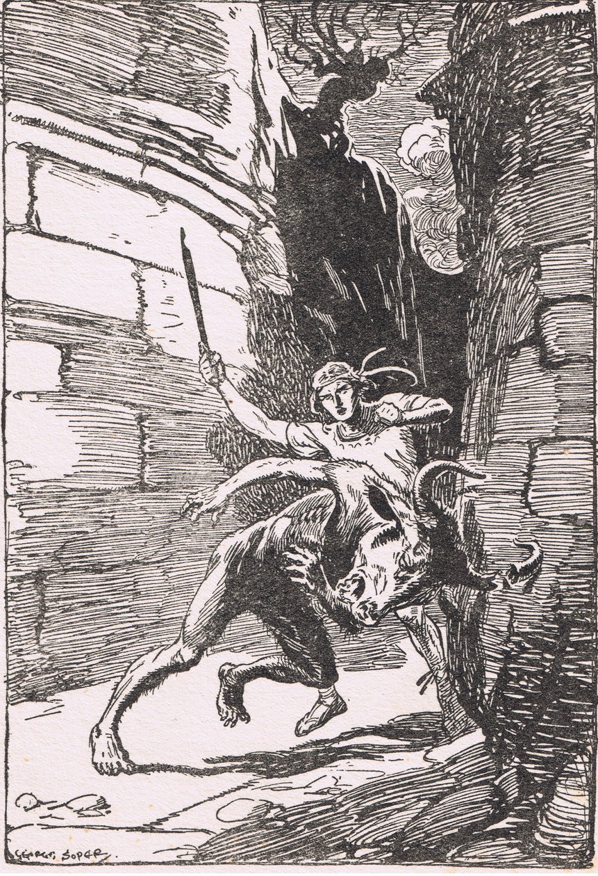 The Minotaur: The monster in his first headlong rush against Theseus, missed him by a hair