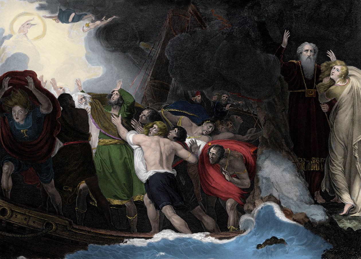 Prospero and Miranda, right, standing on the island as the sailors are shipwrecked by George (after) Romney