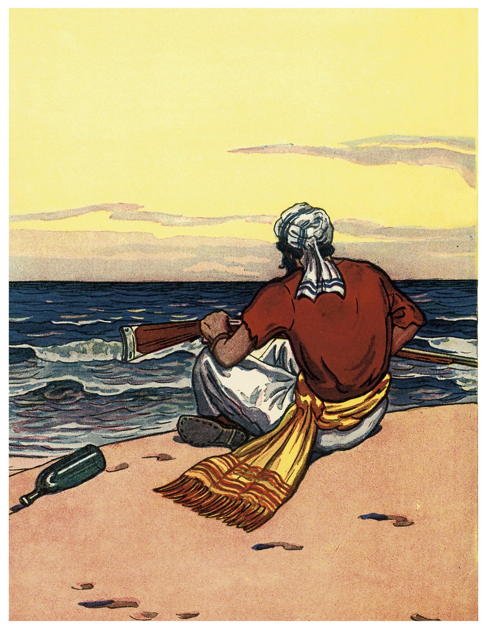 A pirate abandons on a deserted island looks at the horizon line (Illustration from 