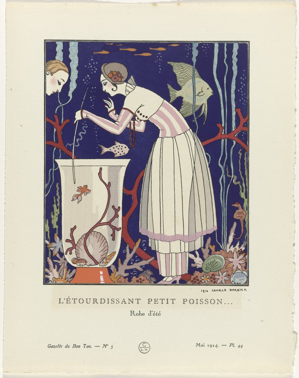 Gazette du Bon Ton, 1914 - No. 5, Pl. 44: The Dazzling Little Fish / Summer Dress by George Barbier