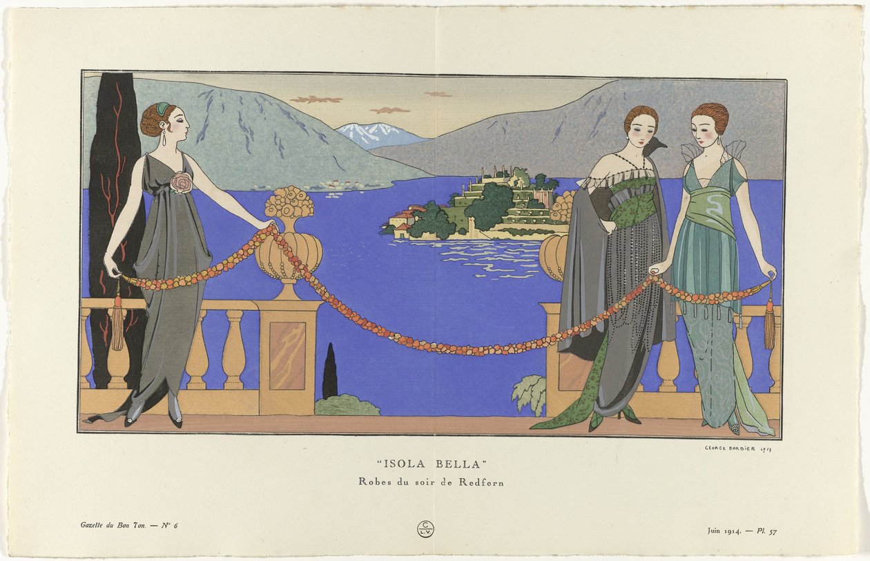 Gazette du Bon Ton, 1914 - No. 6, Pl. 57: Isola Bella / Evening Dresses by Redfern by George Barbier