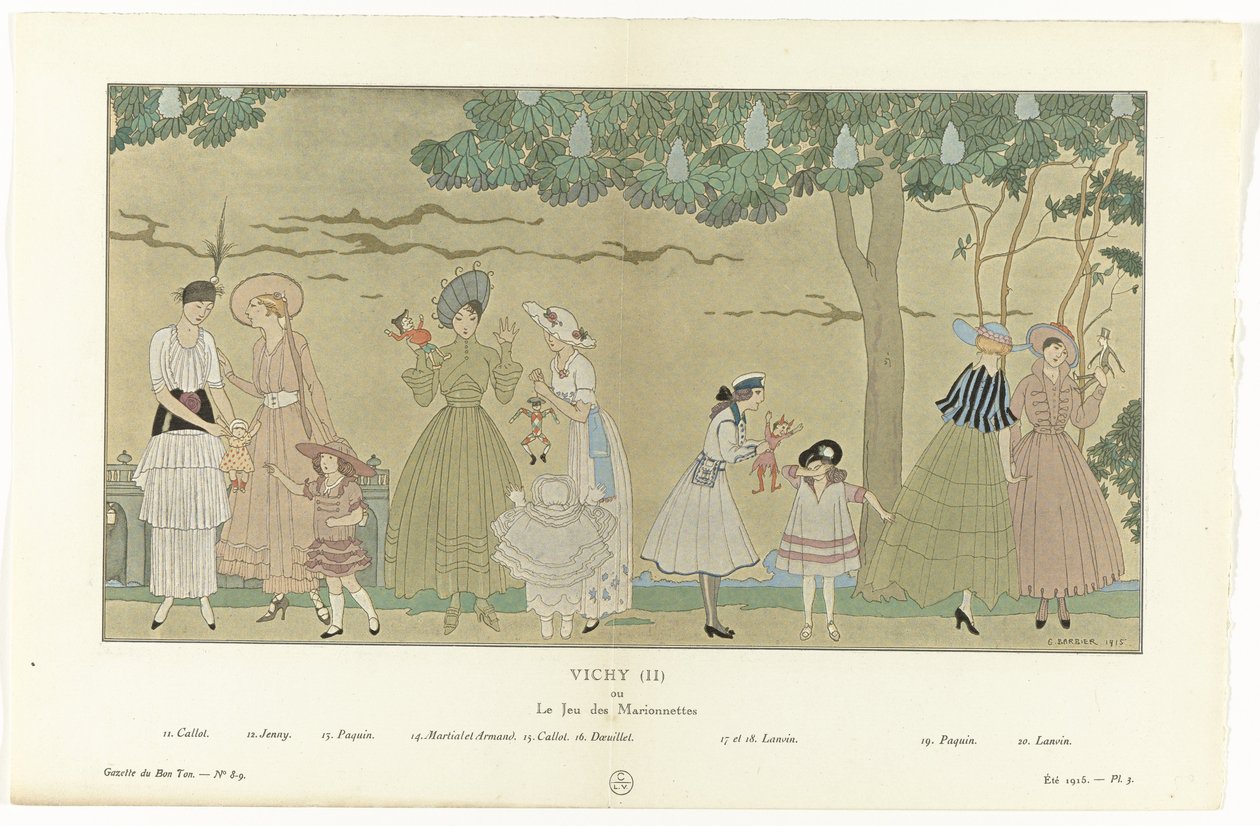 Gazette du Bon Ton, Summer 1915 - No. 8-9, Pl. 3: Vichy (II) / or / The Puppet Show by George Barbier