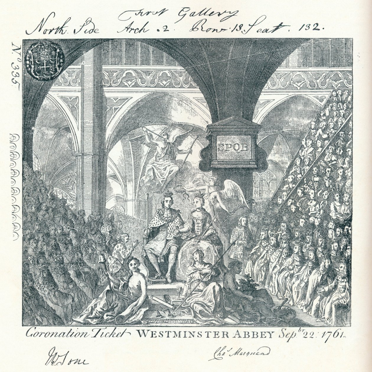 Engraved ticket for the Coronation ceremony of George III in Westminster Abbey 1761 by George Bickham