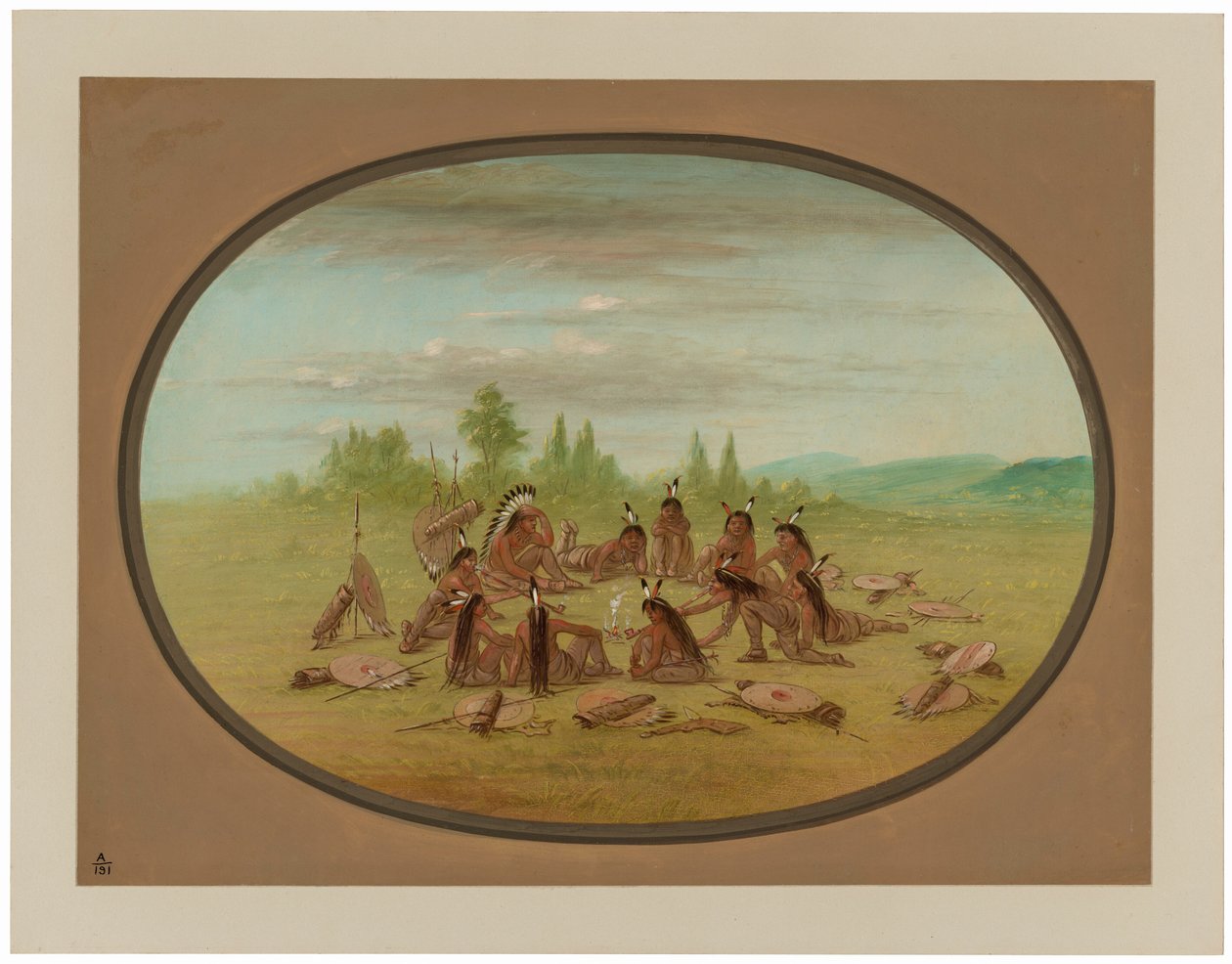 A Foot War Party in Council - Mandan by George Catlin