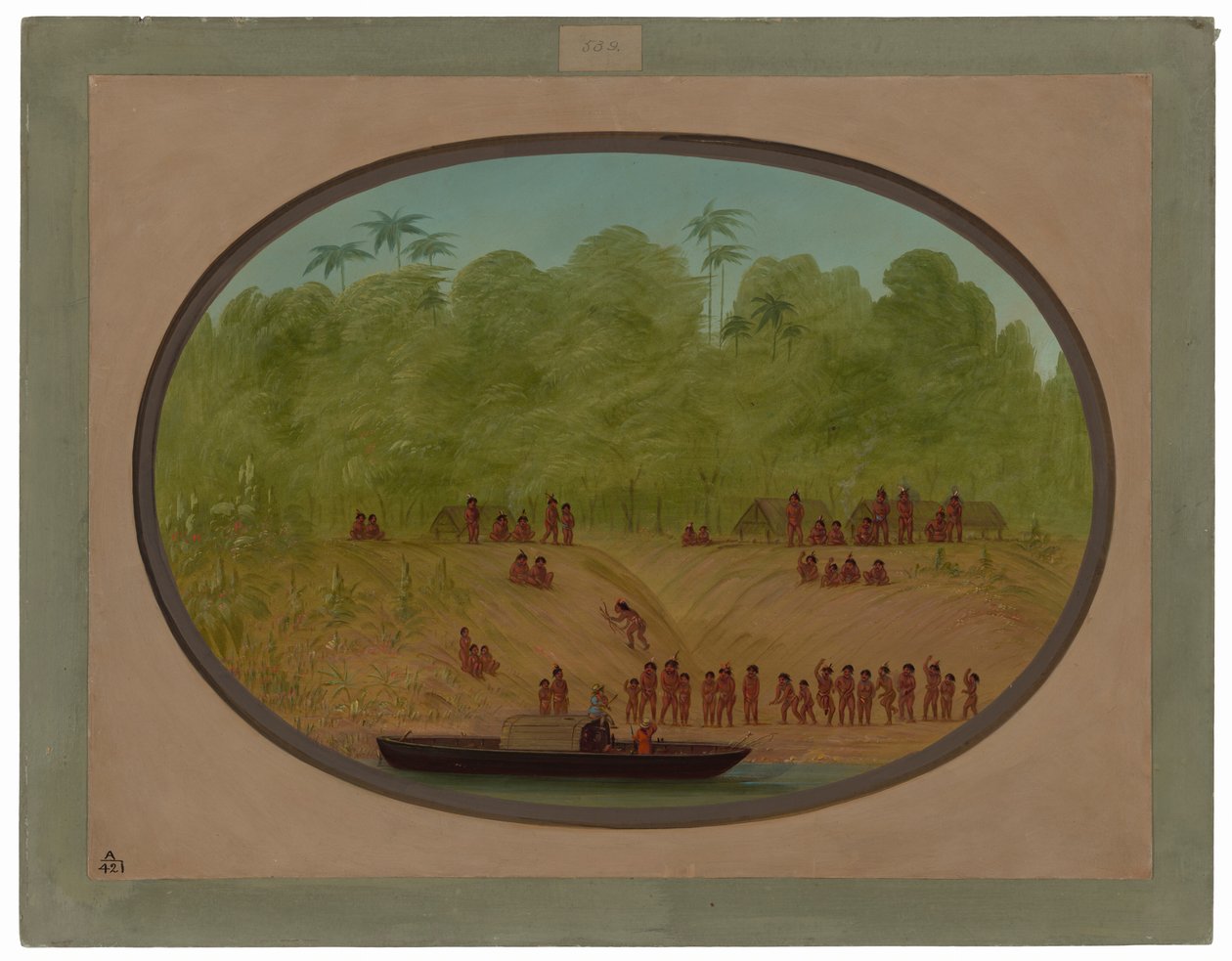 An Omagua Village - Boat Sketch by George Catlin