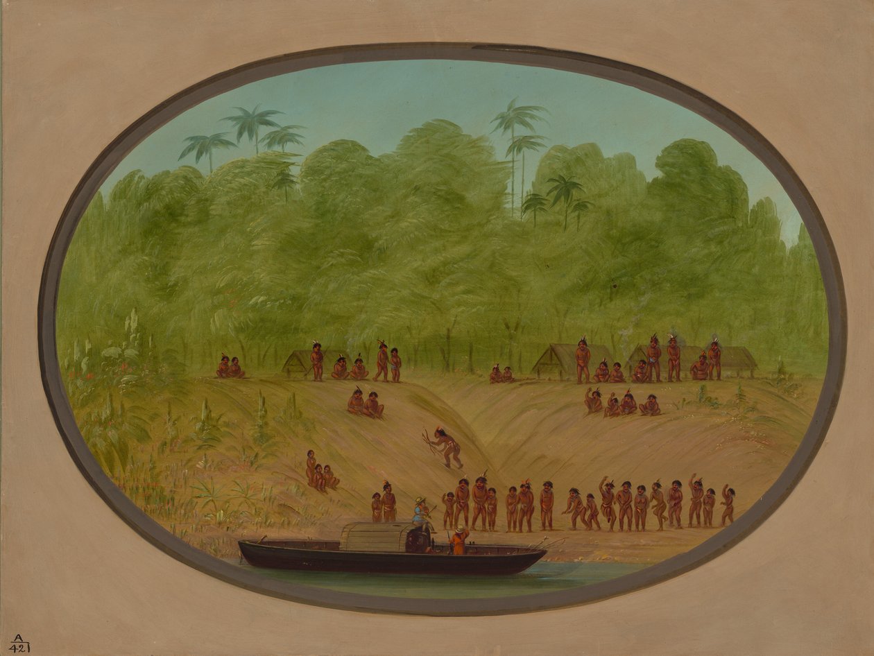 An Omagua Village - Boat Sketch by George Catlin