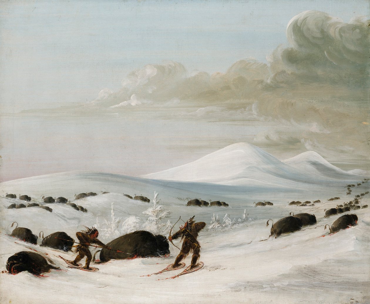 Buffalo Chase in Snowdrifts, Indians Pursuing on Snowshoes by George Catlin
