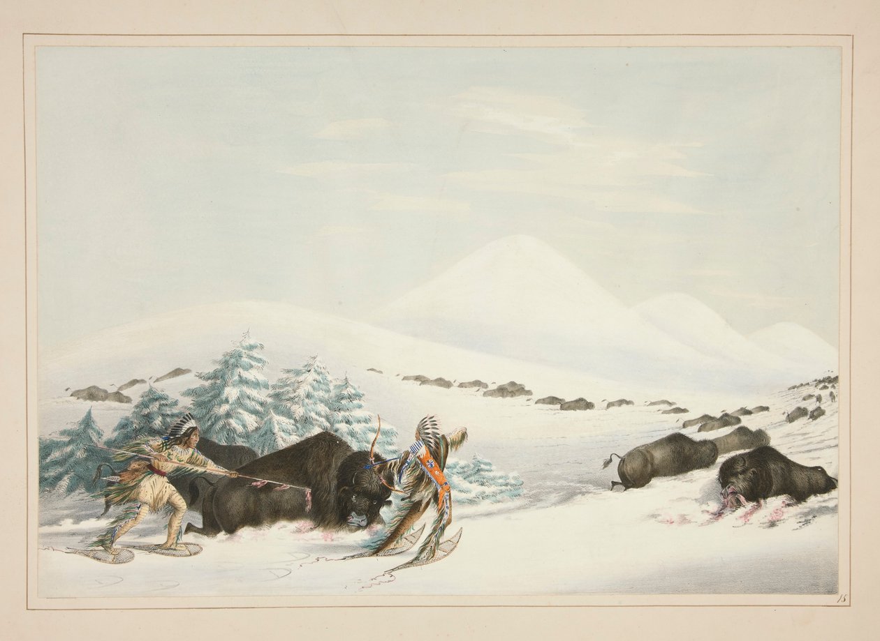 Buffalo Hunt, On Snow Shoes, plate 15 from the North American Indian Portfolio by George Catlin