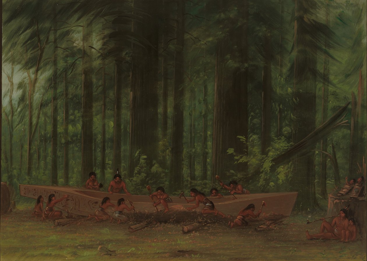 Excavating a Canoe - Nayas Indians by George Catlin
