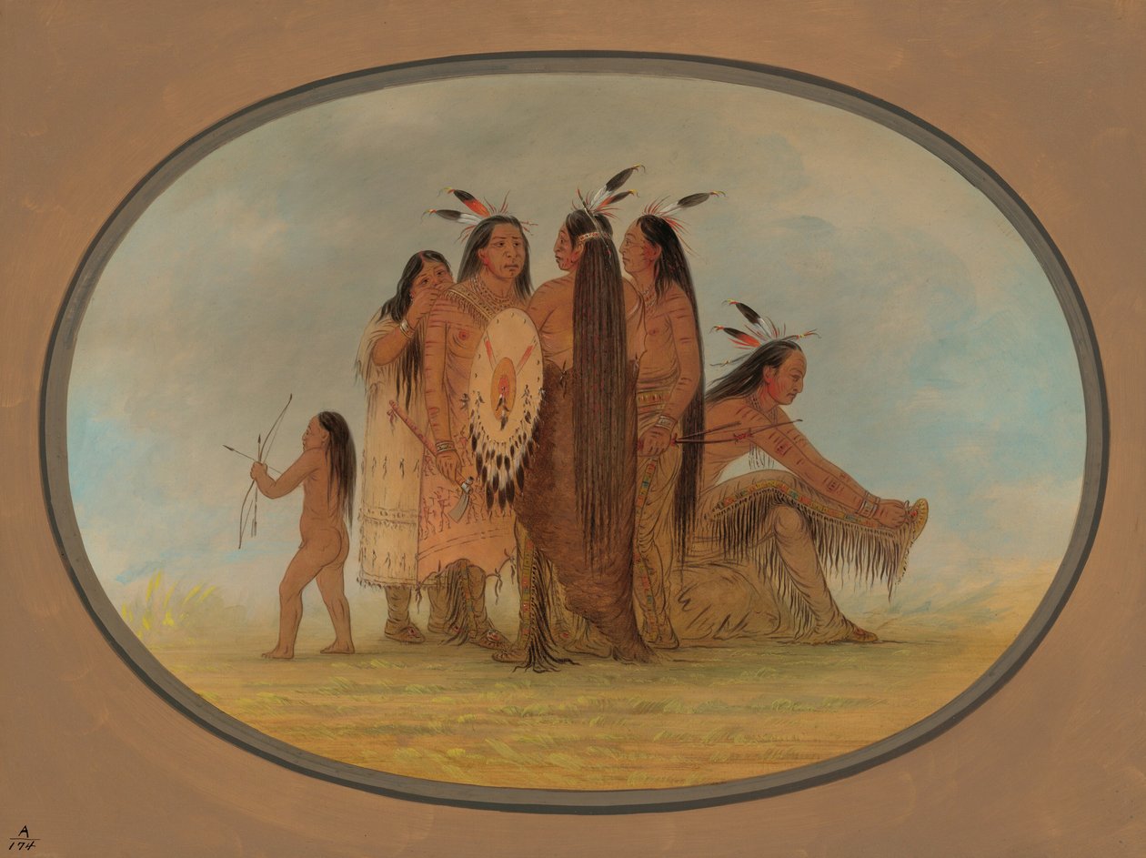 Four Mandan Warriors, a Girl, and a Boy by George Catlin