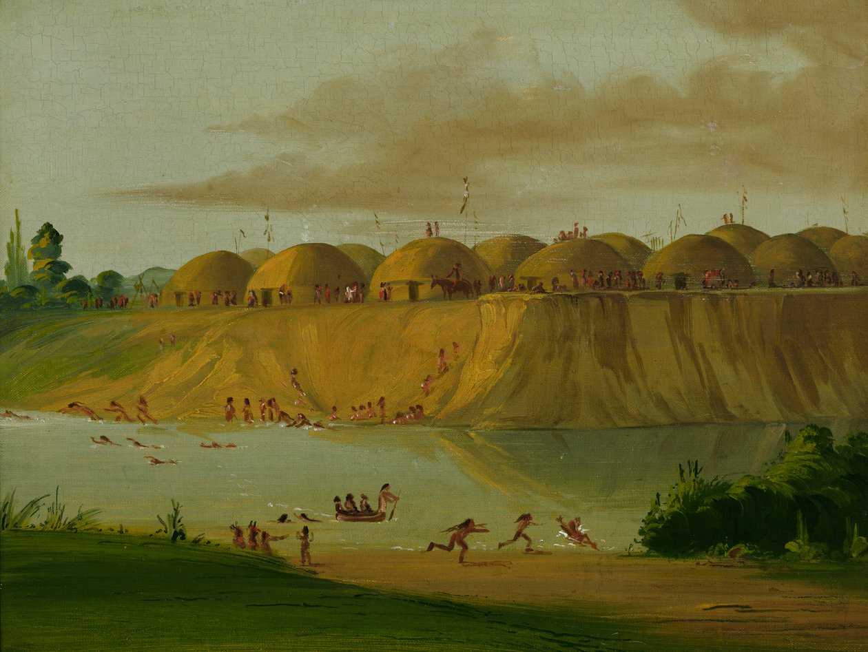 Hidatsa Village, Earth-covered Lodges, on the Knife River, 1810 Miles above St. Louis, 1832 by George Catlin