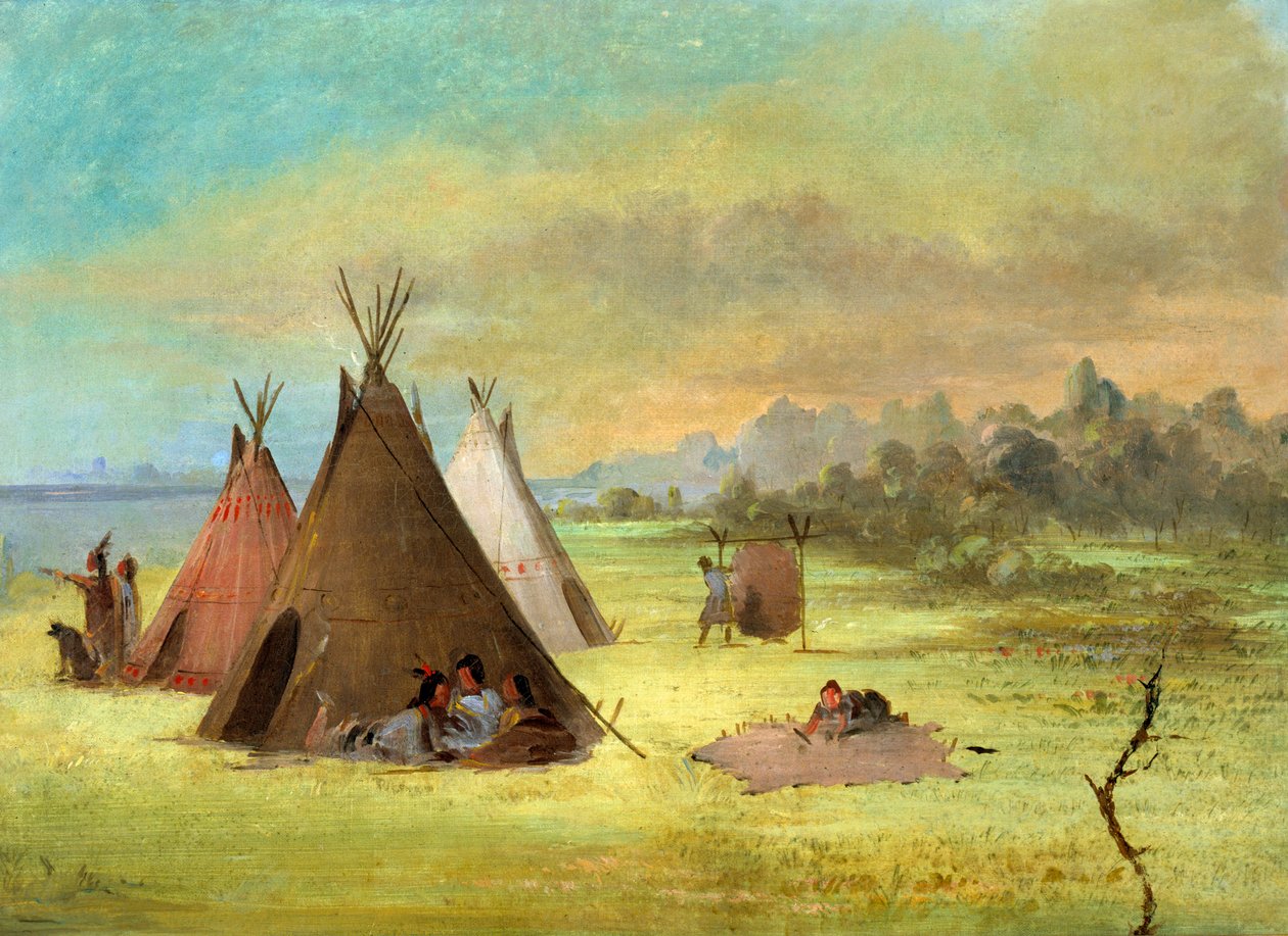 Indian Encampment, Comanche or Kiowa Dressing Skins, Red River by George Catlin
