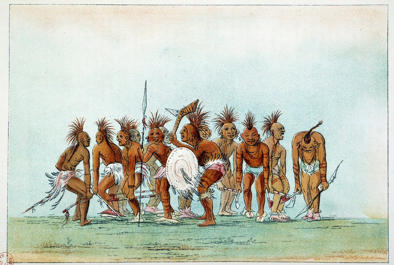 Indians of America: Black Hawk tribe dancing beggar dance for tourists. Illustration by George Catlin by George Catlin
