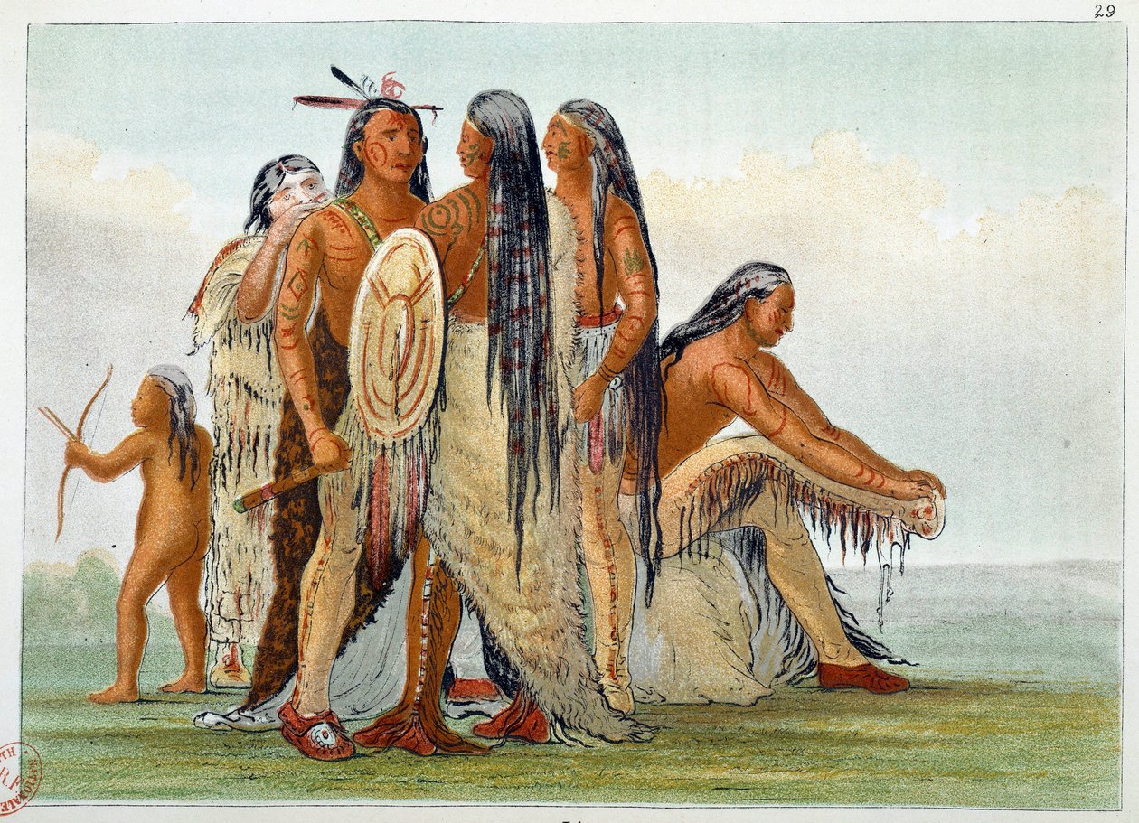 Indians of America. The Mandans: Chief San Ja Ka Ko Kah surrounds with his family. Engraving by George Catlin by George Catlin