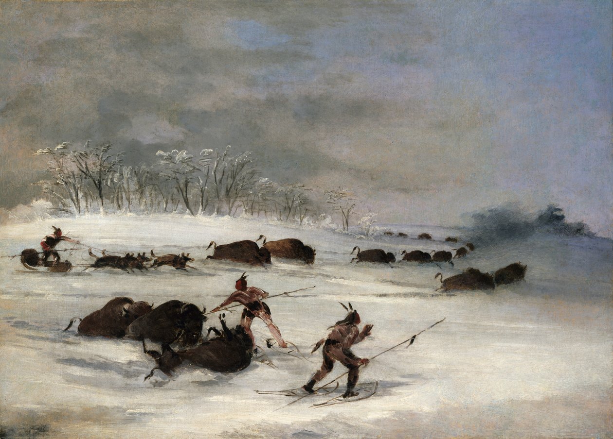 Sioux Indians on Snowshoes Lancing Buffalo by George Catlin
