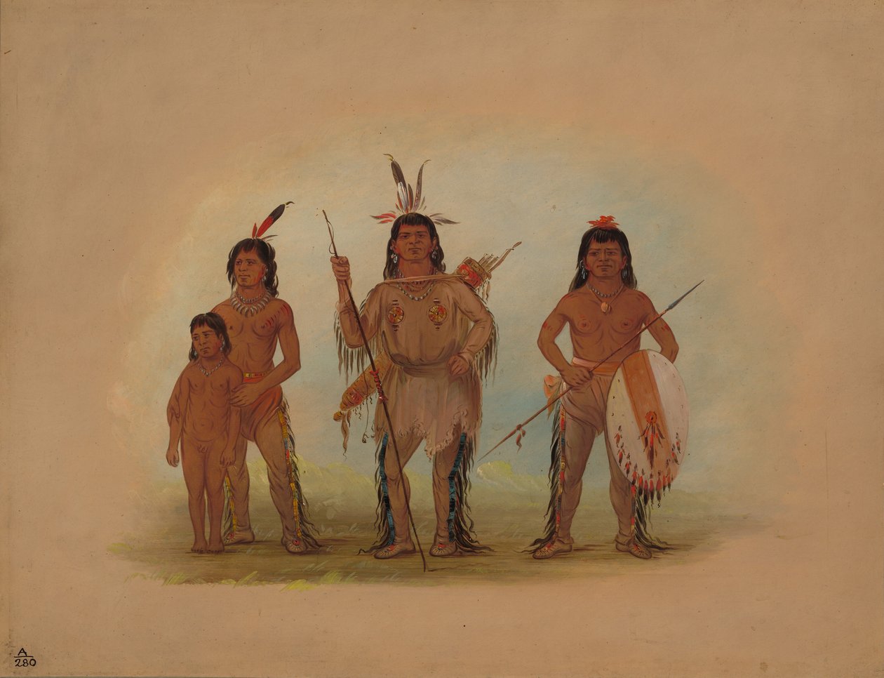 Spokan Chief, Two Warriors, and a Boy by George Catlin
