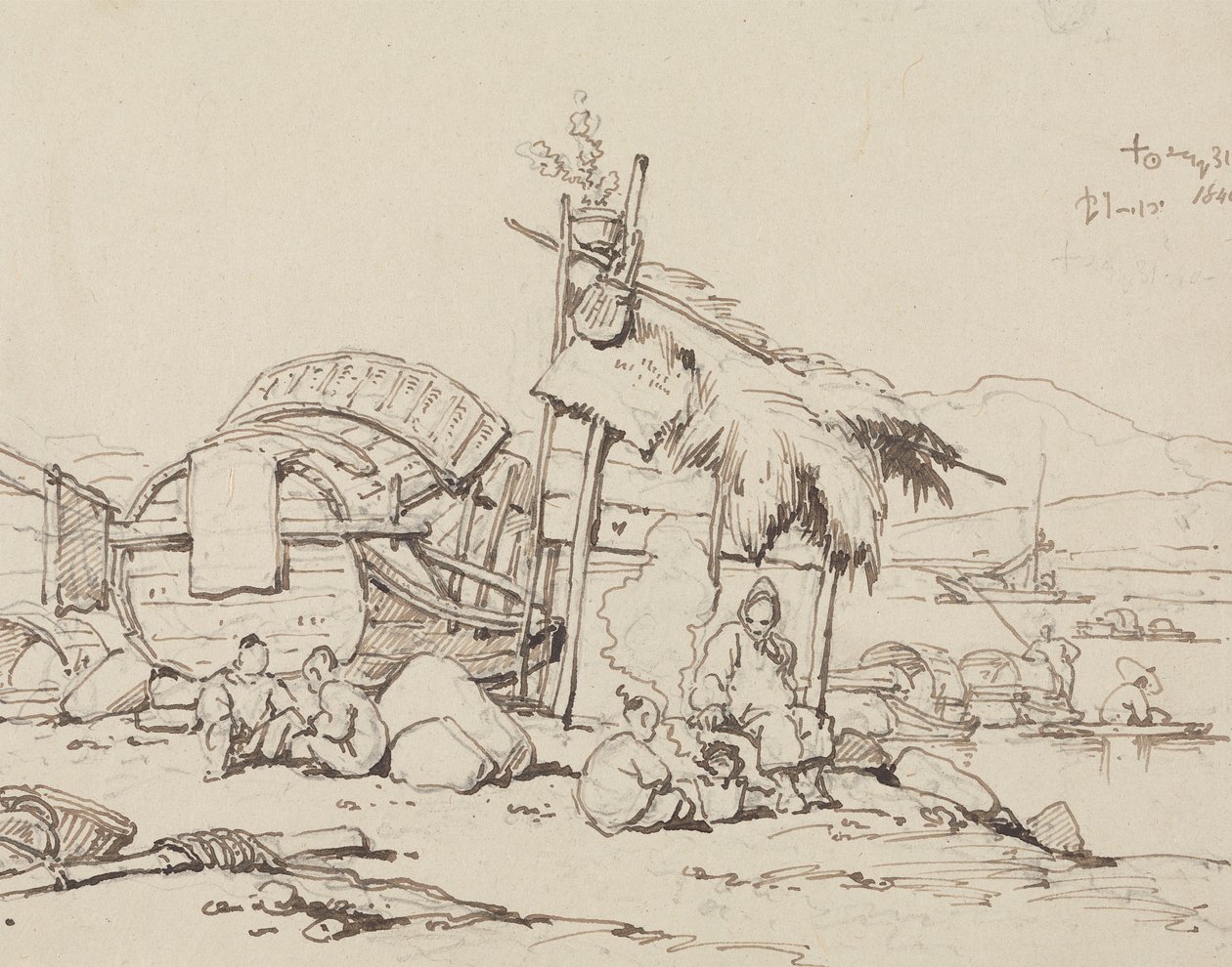 Old Man and Children Seated, Cooking by George Chinnery