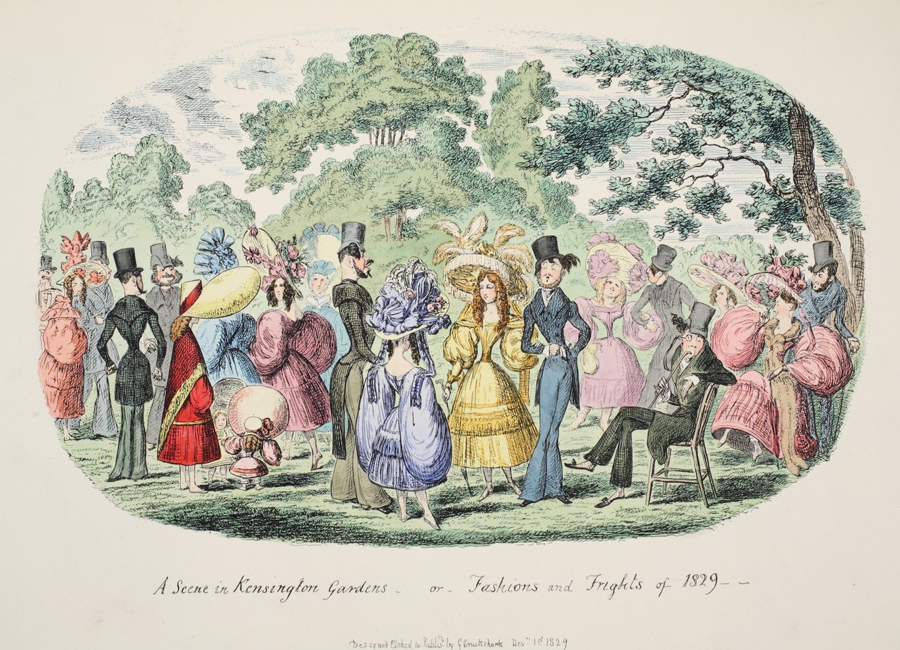 A Scene in Kensington Gardens - or - Fashions and Frights of 1829, published 1829 by George Cruikshank