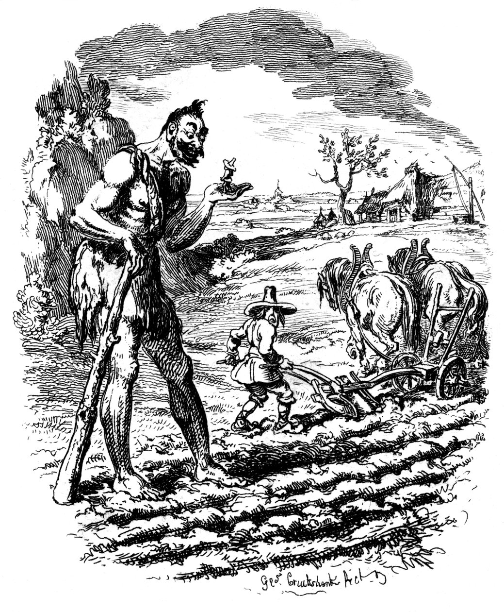 A Giant Stands in a Field as a Farmer Ploughs by George Cruikshank