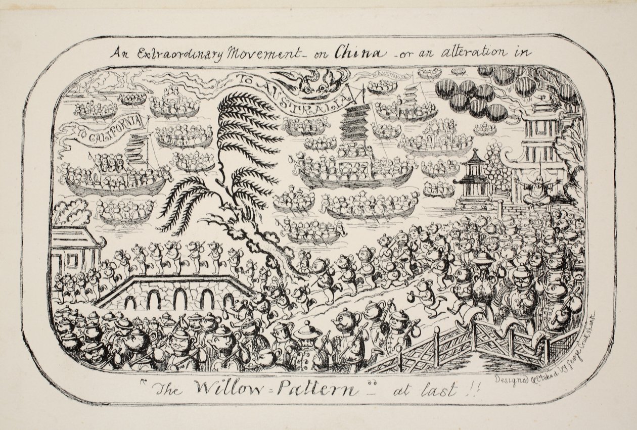 An Extraordinary Movement on China - or - an Alteration in The Willow Pattern at Last!!, pub. 1853 by George Cruikshank