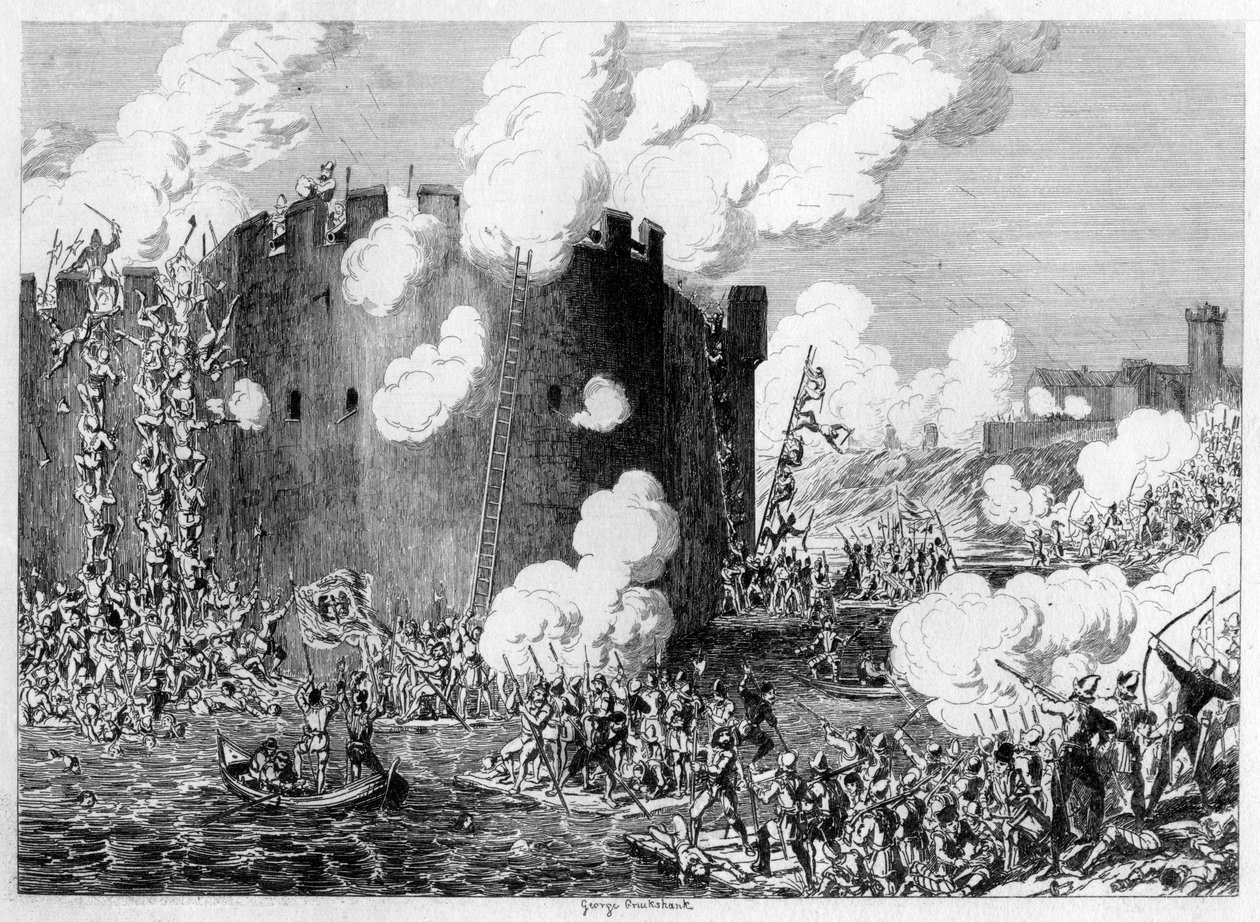 Attack upon the Brass Mount by Lord Guilford Dudley, 1554 by George Cruikshank