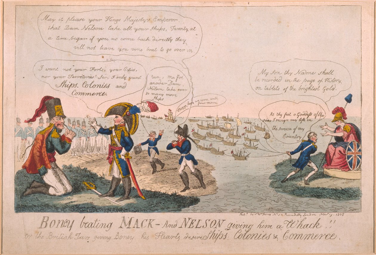 Boney Beating Mack - And Nelson Giving Him a Whack!, 1805 by George Cruikshank