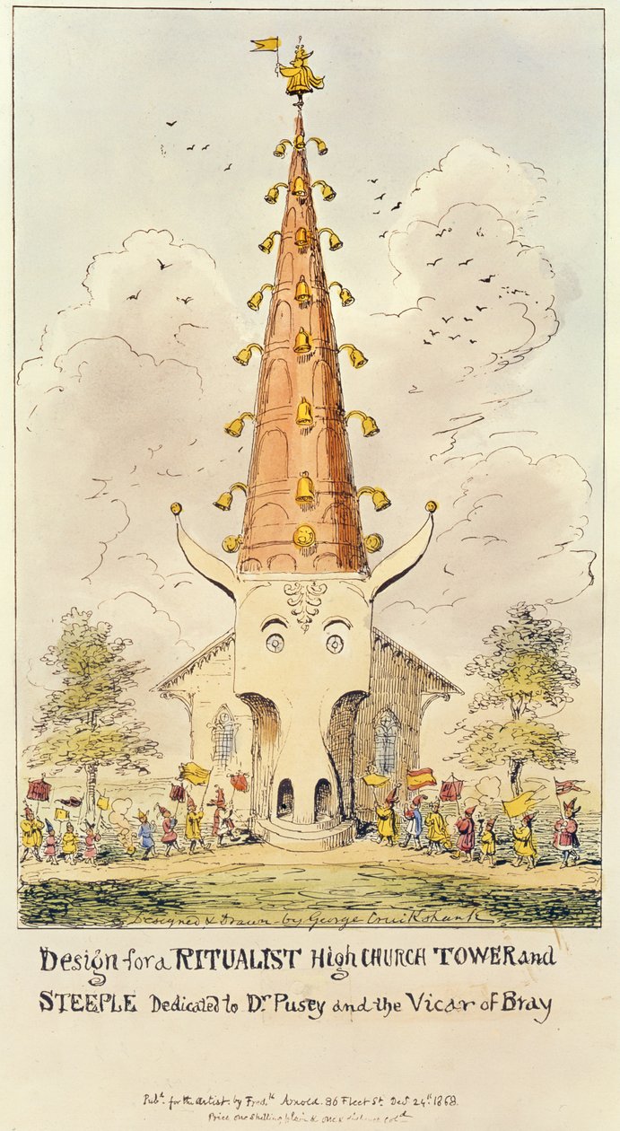 Design for a Ritualist High Church Tower and Steeple, Dedicated to Dr. Pusey and the Vicar of Bray, 1868 by George Cruikshank