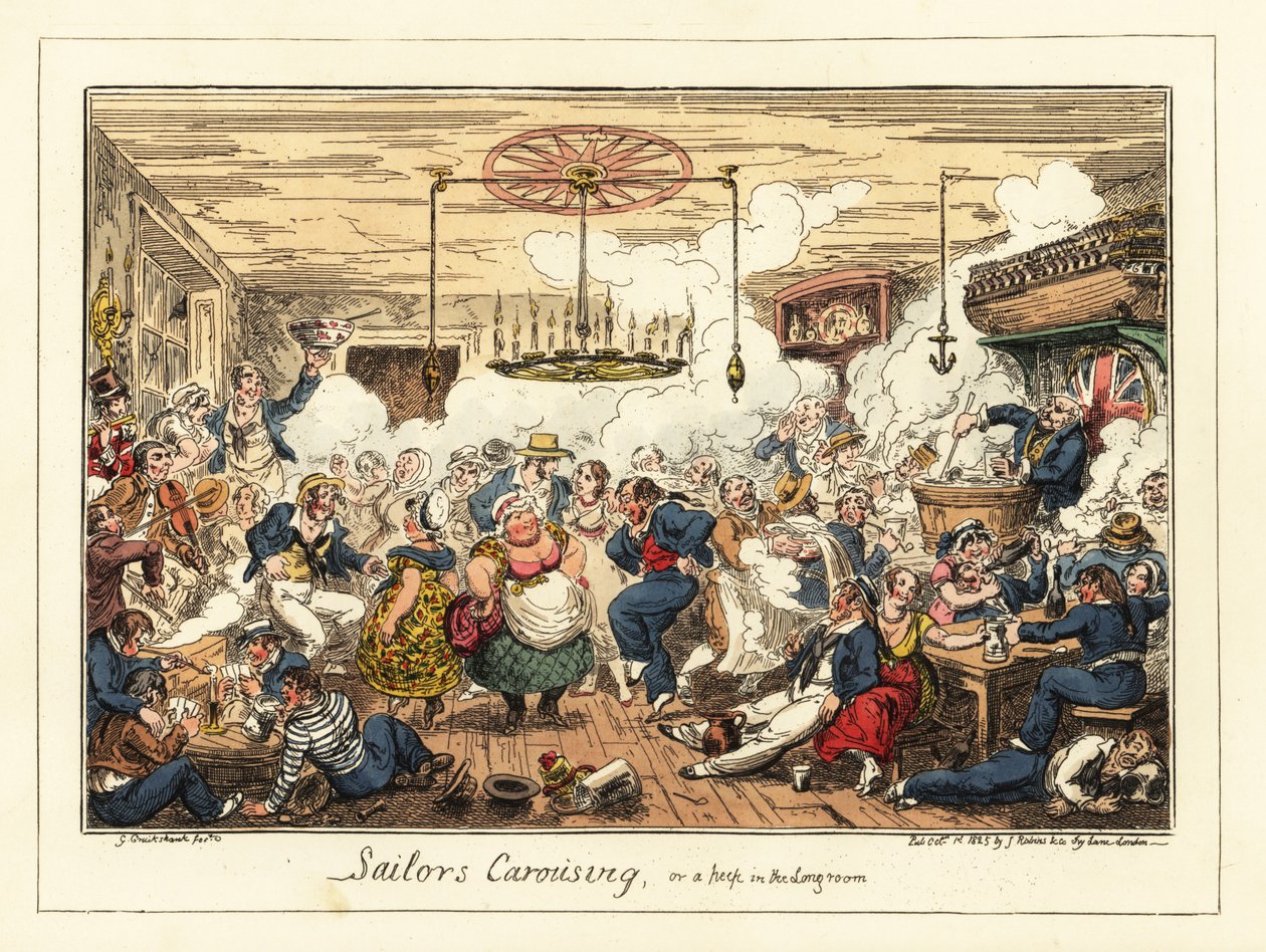English sailors drinking and dancing in a pub, Napoleonic era (1829) by George Cruikshank