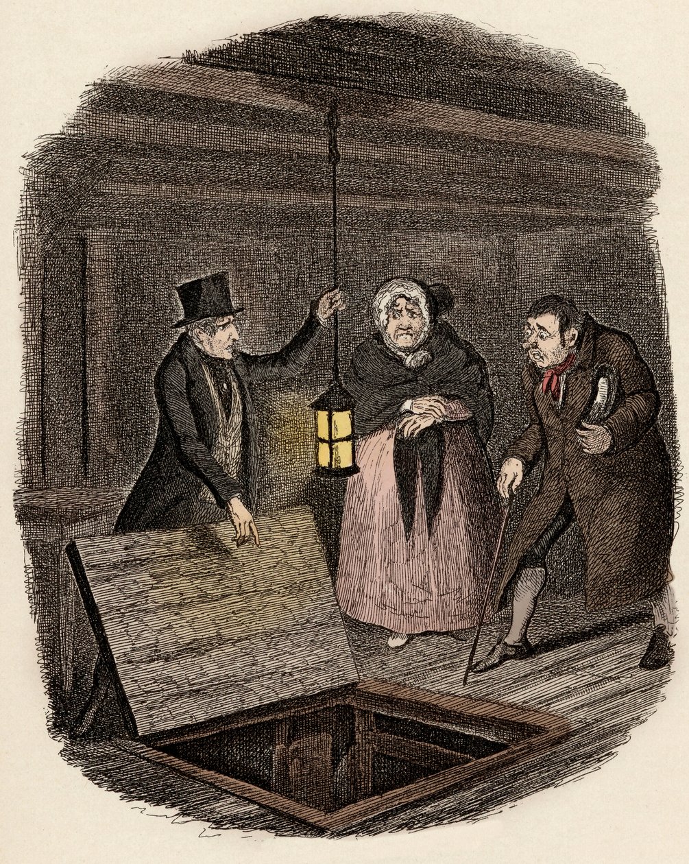 In the presence of Monsieur Bumble and Madame Corney, Monks destroys the medallion of Oliver Twist (Illustration for 