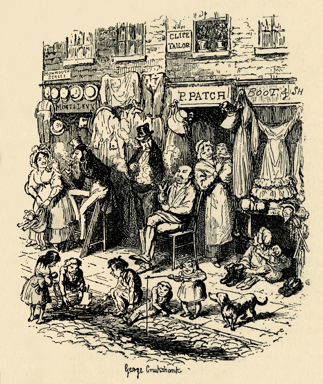 Monmouth Street, Soho, an illustration by G. Cruikshank for Dickens Sketches by Boz by George Cruikshank