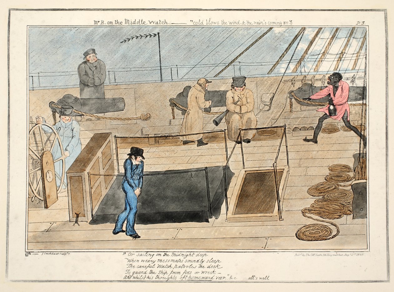 Mr. B on the middle watch - cold blows the wind and the rains coming on, from The Progress of a Midshipman by George Cruikshank