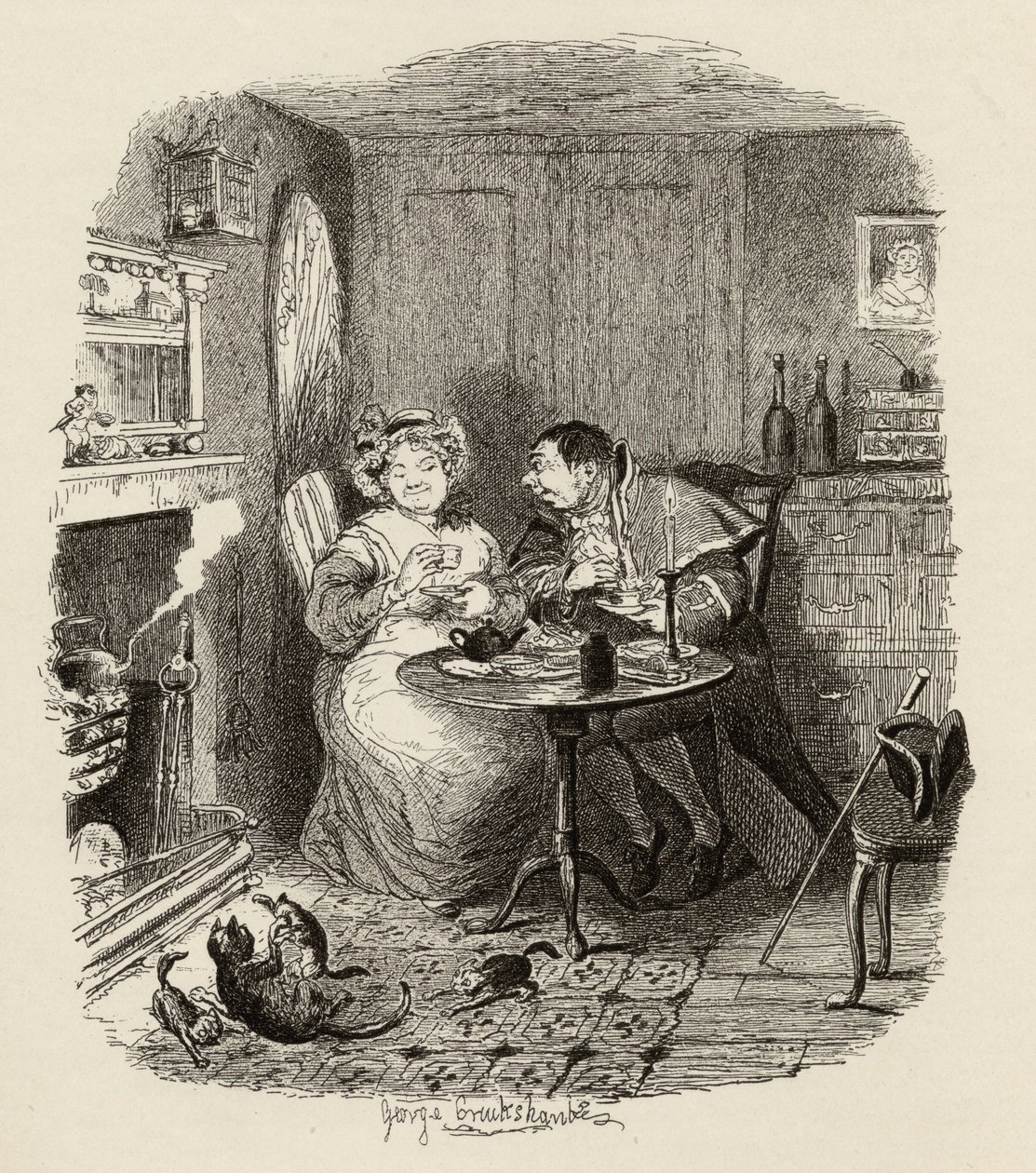 Mr Bumble and Mrs Corney taking tea, from 