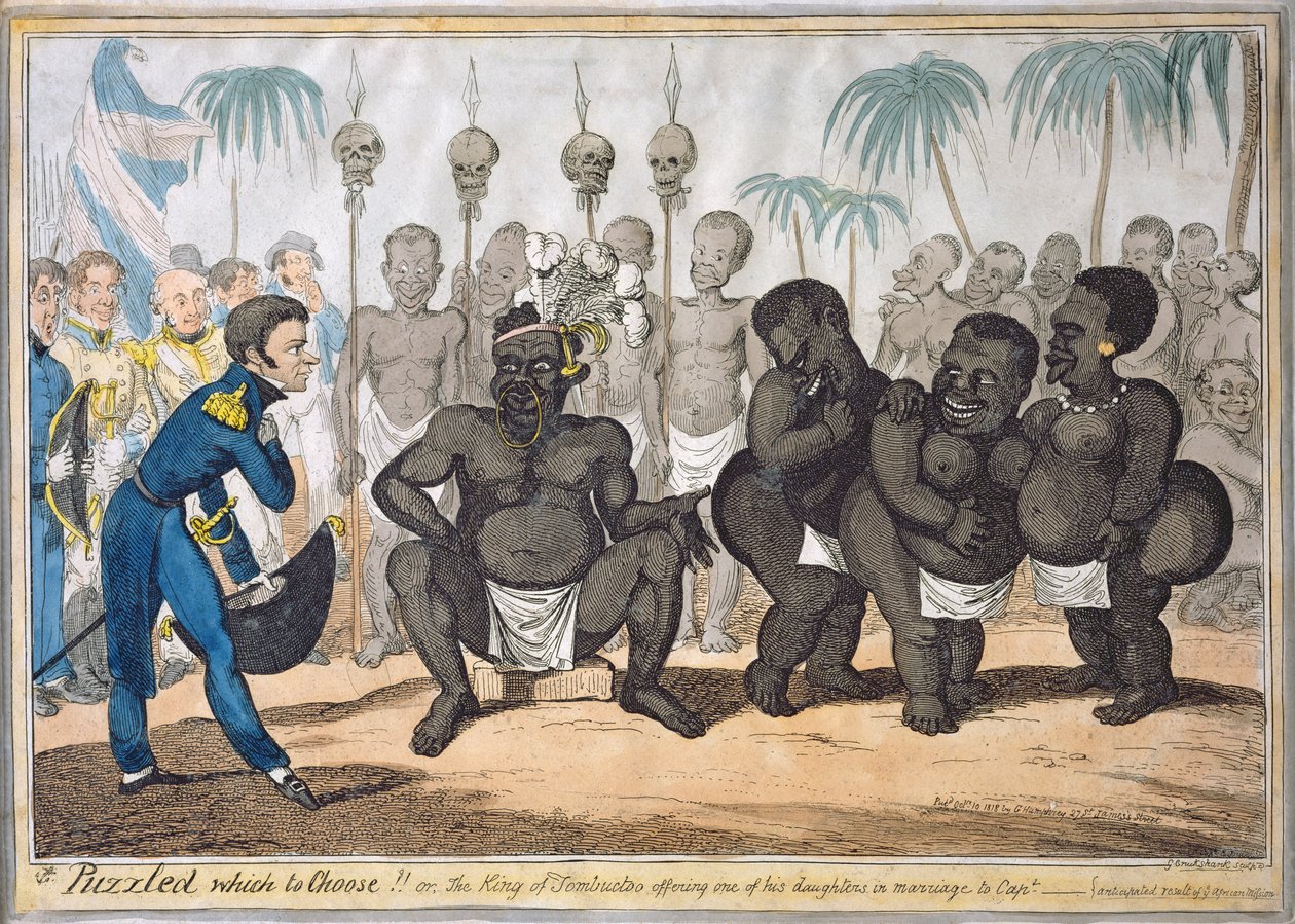 Puzzled Which to Choose!!, or The King of Tombuctoo Offering one of his Daughters in Marriage to Captain by George Cruikshank