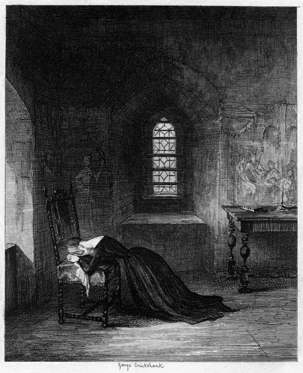 Queen Jane imprisoned in the Brick Tower, Tower of London, 1553-1554 by George Cruikshank
