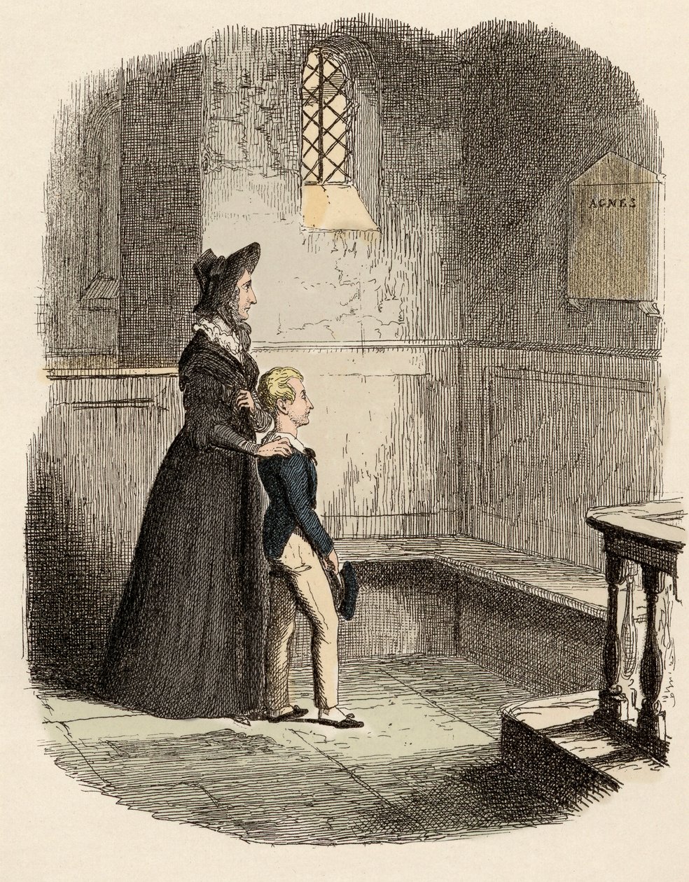 Rose Maylie and Oliver in front of the commemorative plaque of Agnes, their sister and mother (Illustration for 