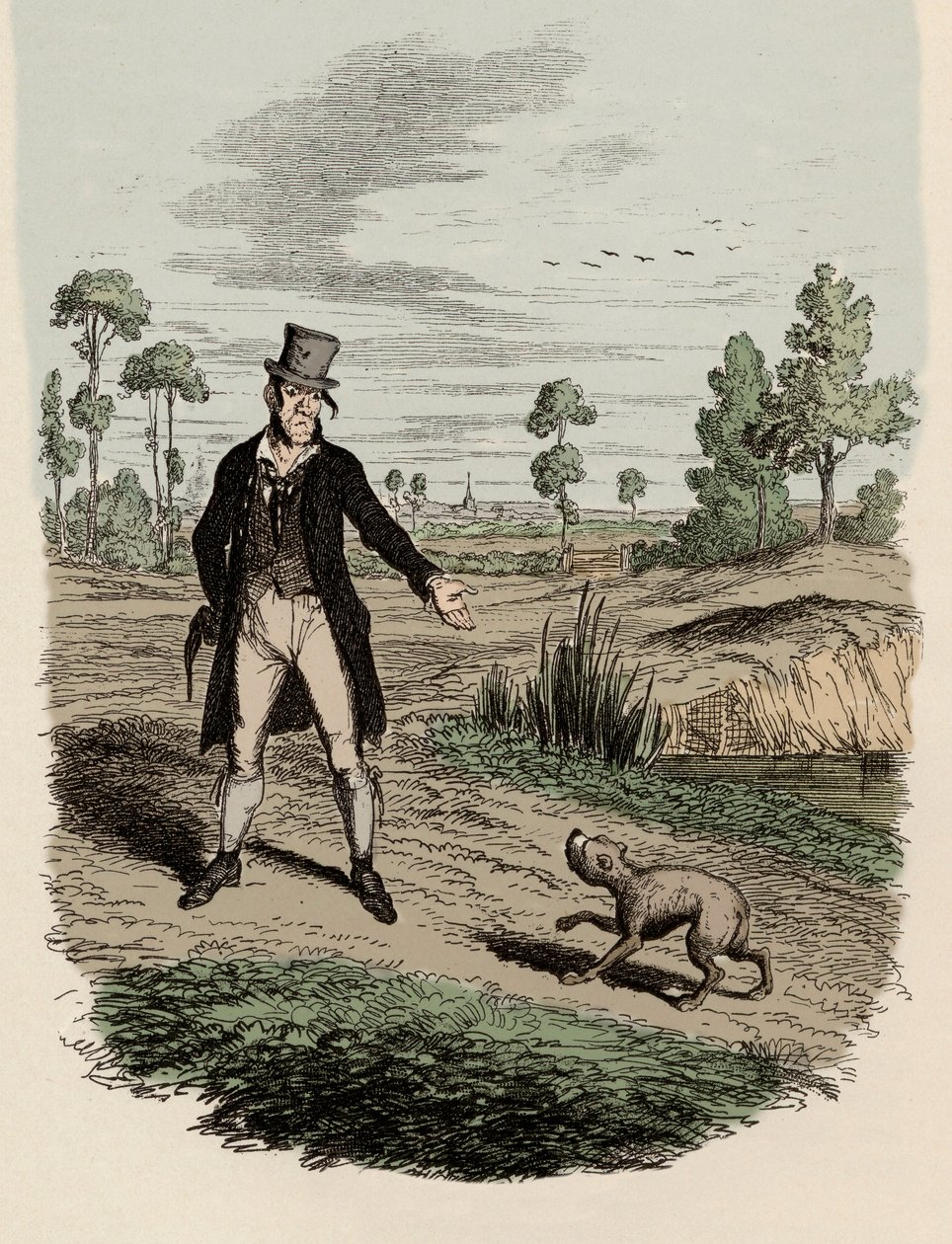 Sikes attempting to abandon his dog - Illustration for "The Adventures of Oliver Twist" by George Cruikshank