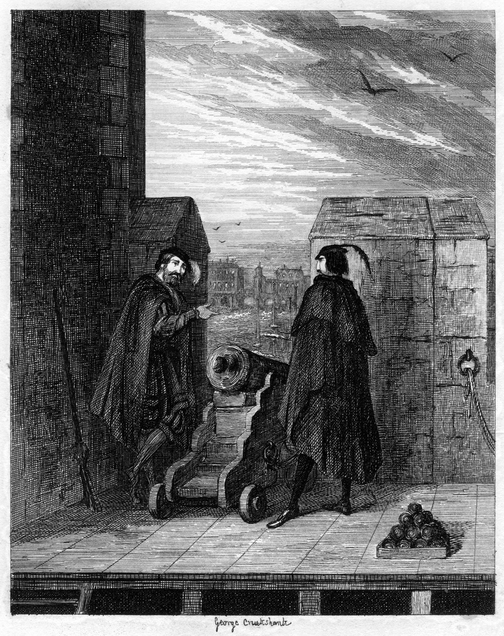 Simon Renard and Winwike the Warden on the Roof of the White Tower, 1553 by George Cruikshank