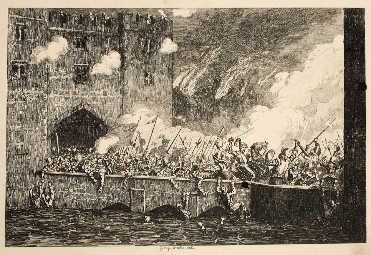 Sir Thomas Wyat attacking the By Ward Tower from The Tower of London, published 1840 by George Cruikshank