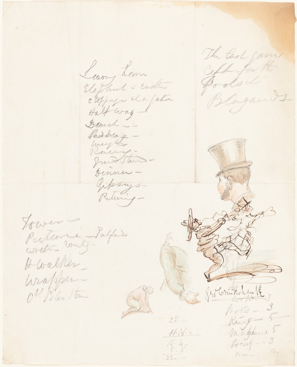Sketches of Head, Arm, and Kneeling Figure by George Cruikshank