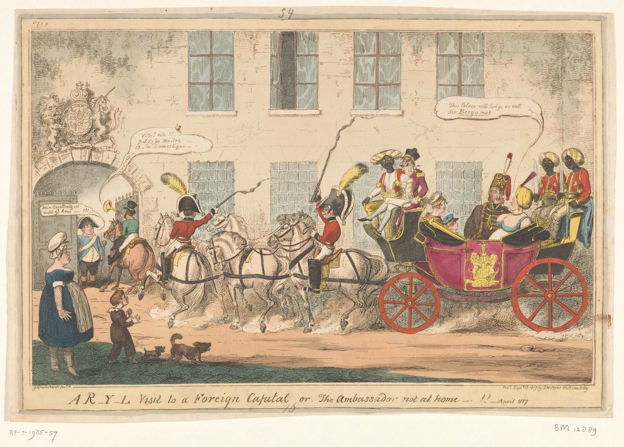 Caricature of Princess Caroline, 1817 (A R-Y-L Visit to a Foreign Capital or, the Ambassador Not at Home-!!) by George Cruikshank