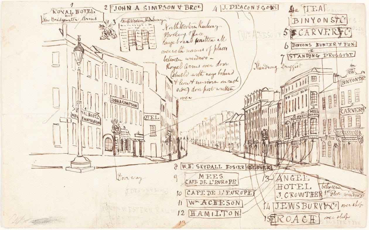 Street Perspective with Places of Business Labeled by George Cruikshank