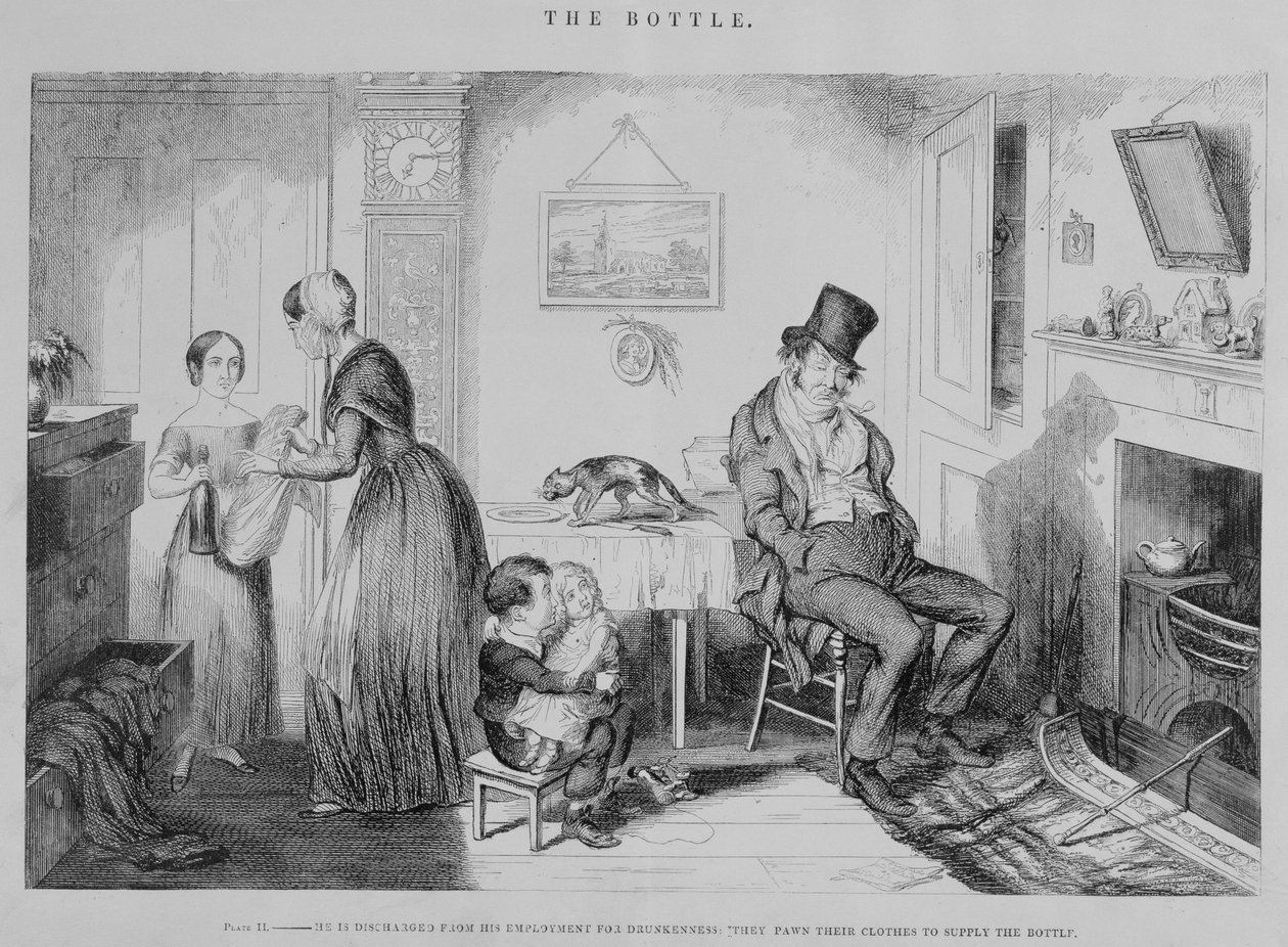 The Bottle, Plate II, He is discharged from his employment for drunkenness: they pawn their clothes to supply the bottle, 1847 by George Cruikshank