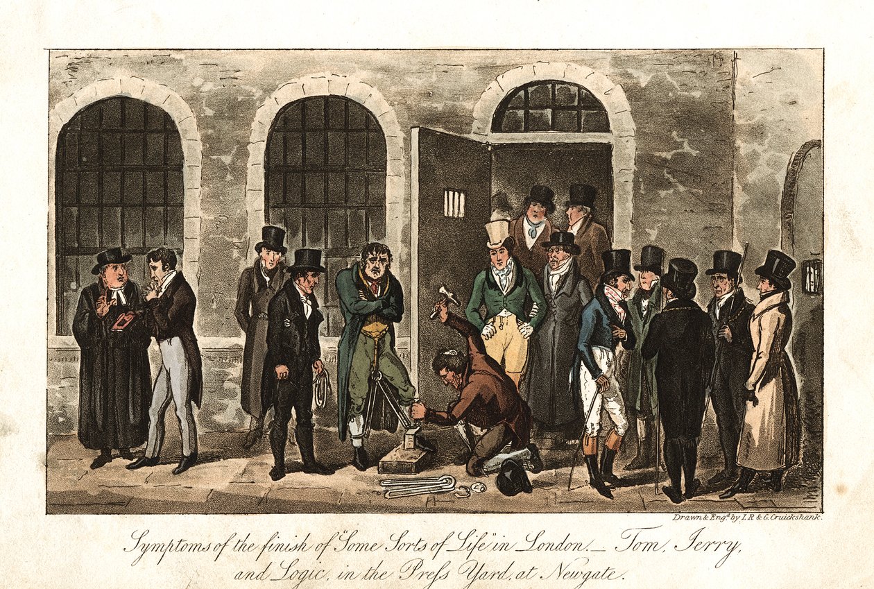 Tom, Jerry and Logic in the Press Yard, Newgate prison, London by George Cruikshank