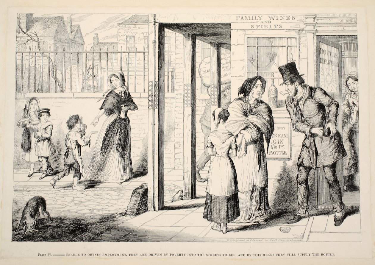 Unable to obtain employment, they are driven by poverty into the streets to beg, and by this means they still supply the bottle by George Cruikshank