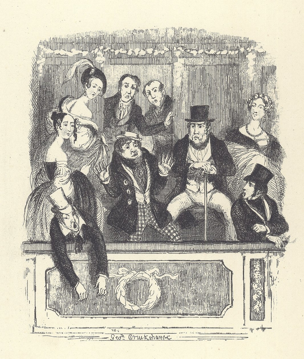 Victorian Theatregoers Crowd into a Box at a London Theatre by George Cruikshank