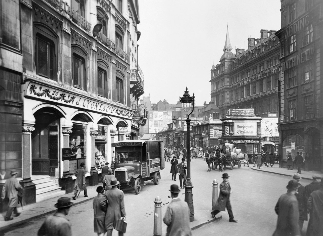 Cannon Street with Lyons shop, hotel and station, London, c1920-c1930 by George Davison Reid
