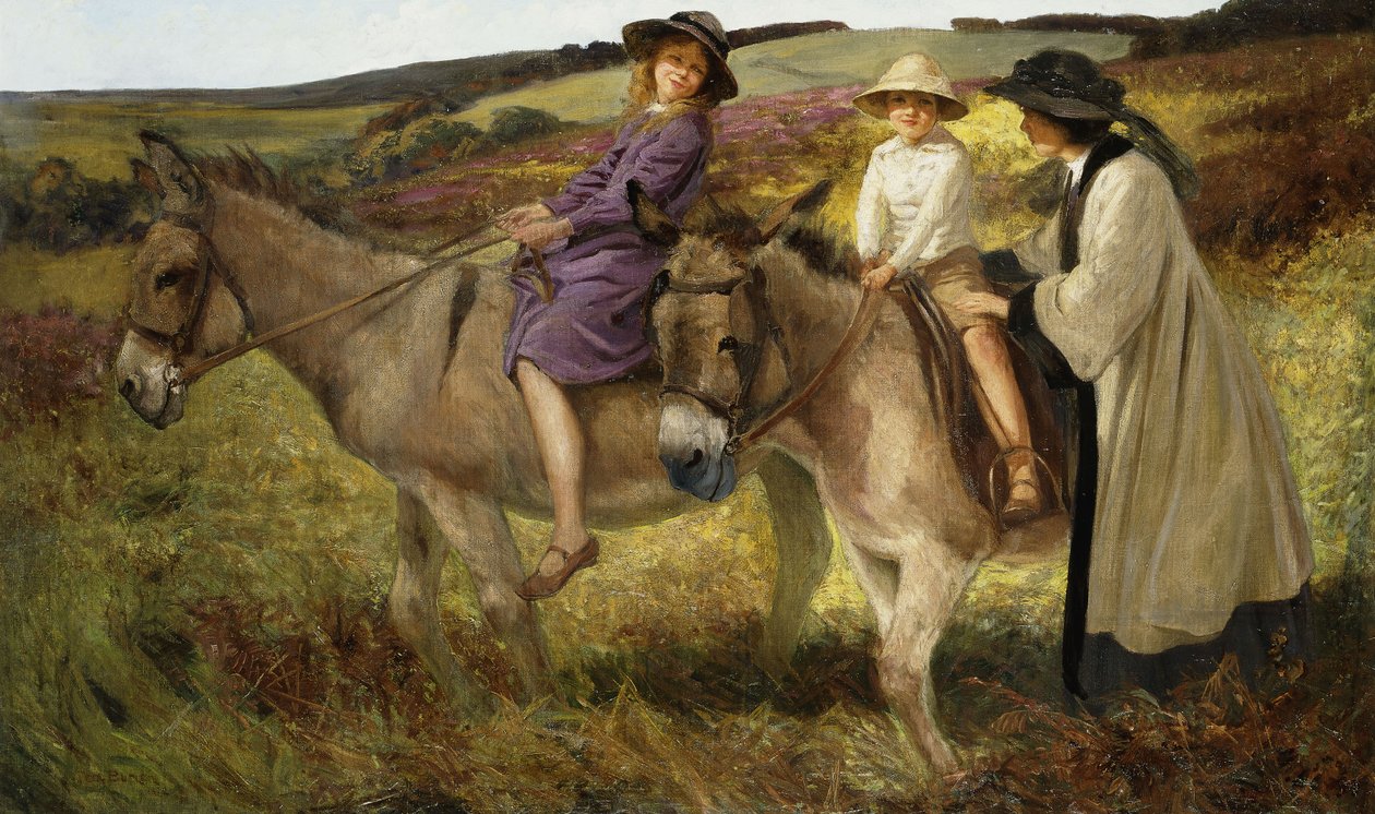 Two Children Riding Donkeys on the Edge of a Moor by George Edmund Butler