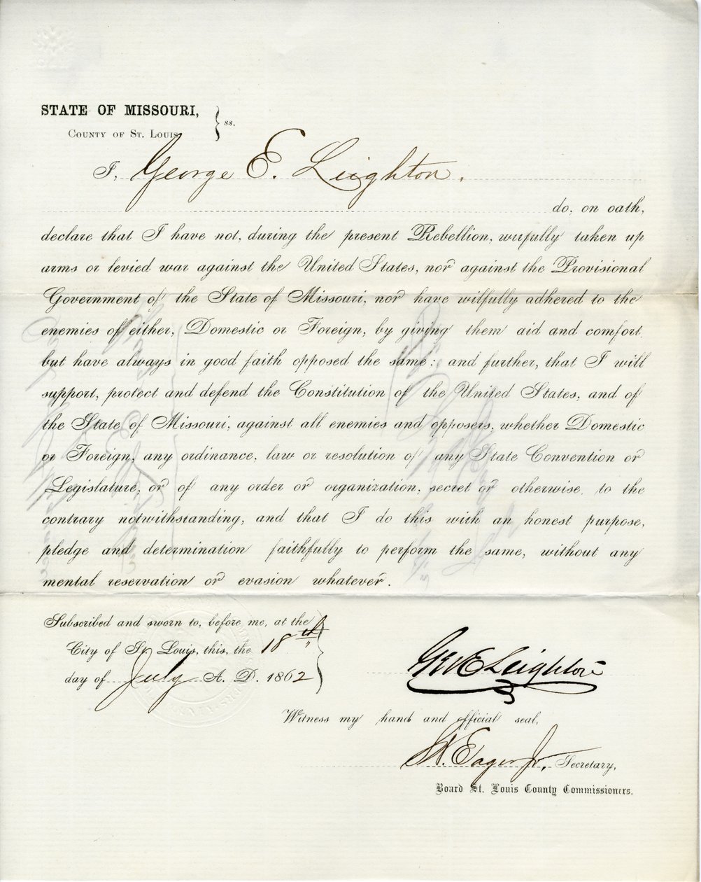 Loyalty oath of George E. Leighton of Missouri, County of St. Louis by George Eliot Leighton