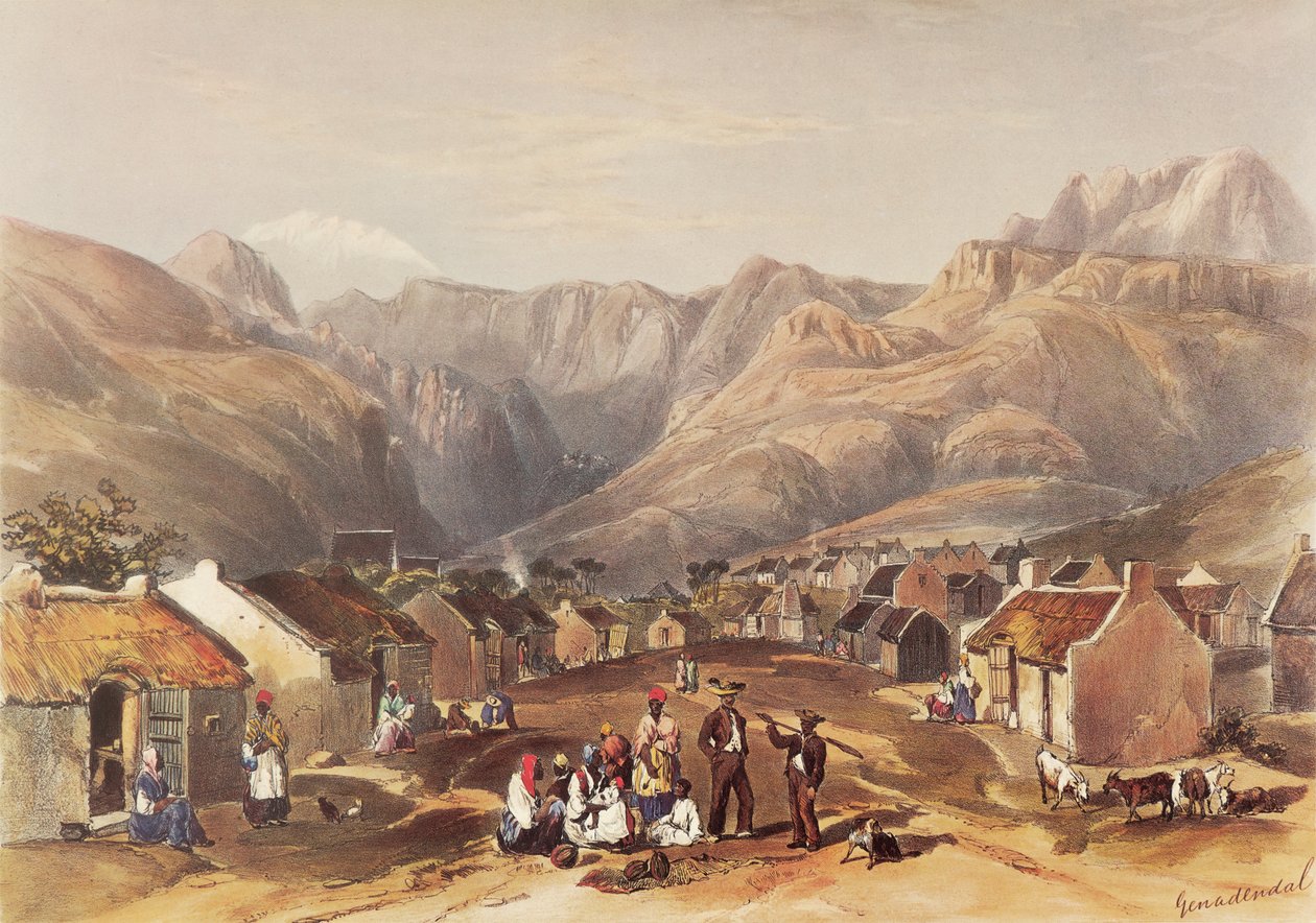 In the serene valley of Genadendal lies a thriving Hottentot village by George French Angas