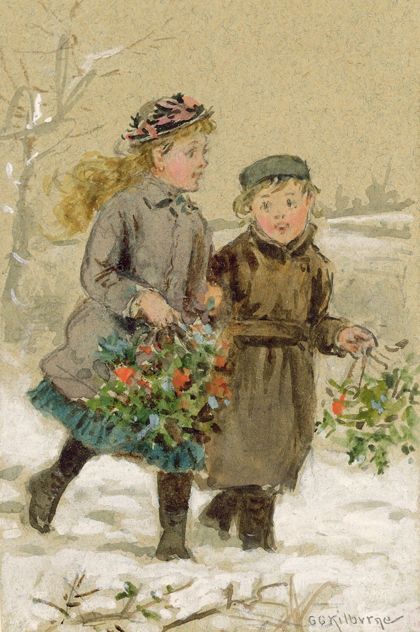 Children Playing in the Snow - Collecting Holly by George Goodwin Kilburne